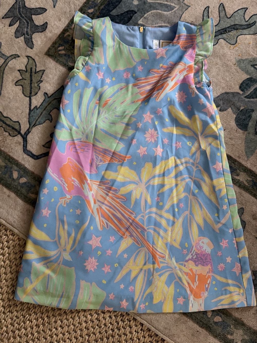 Girls Blue Tropical Parrot A-Line Dress with Ruffle Shoulders size 4/5